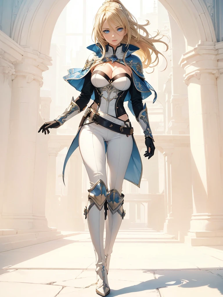 ((1girl, solo)), ((mature female)), full body, standing, cowboy shot, beautiful body, (perfect anatomy, perfect body, perfect hands, perfect legs), nice hands, natural proportions, sexy body, (large breasts:1.3) BREAK
((extremely detailed face)), blue eyes, (beautiful detailed eyes:1.6), (realistic pupils, realistic iris:1), expressive eyes, ((looking at viewer)), (clear eyes:1.3), (hyperrealistic:1.2), (detailed skin texture:1.2), smooth skin, (blonde hair:1.5), bangs, very long hair, high ponytail, (detailed lips:1.2), (attractive lips:1.1), (glossy lips:1.1), smile, perfect face, perfect eyes BREAK
female knight, ((strapless shirt)), (((white shirt))), collarbone, cleavage, ((blue capelet)), (elbow gloves), (((white pants))), (skin tight:1.5), (belt), ((blue tailcoat)), knee-high boots, high heels, thigh gap BREAK
Outdoors, day, city, trees, sky, fantasy setting BREAK
(masterpiece:1.5), anime-style, top quality, best quality, (beautiful and aesthetic:1.2), (ultra detail:1.5), Ultra-detailed depiction, Ultra-precise depiction, extremely detailed 8k illustration, high resolution, (highly detailed shading:1.2), (realistic lighting:1.4), perfect lighting, vibrant colors, dynamic tones, striking hues, 8k, absurd resolution, perfect shadows, hdr, UHD, ambient lighting, realistic, ultra-realistic, photo realistic, highly detailed, rich detail, luminous colors, fine texture, intricate design, professional illustration, (soft light:1.2), (illustration:0.7)