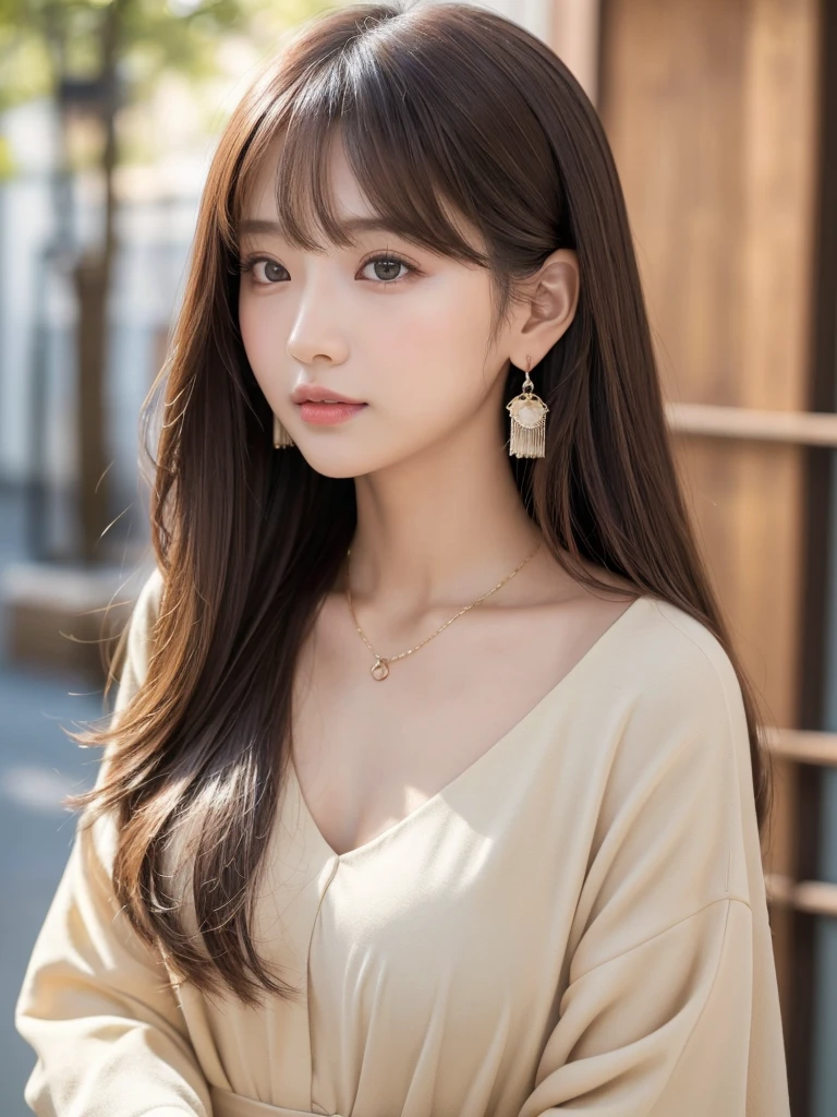 ((Highest quality, 8k, masterpiece:1.3)), concentrate: 1.2, Perfect body beauty: 1.4, Hips: 1.2, ((Long Hair, chest: 1.2)), (Dry clothes: 1.1) , (clear, Simple Background:1.3), Simple clothes: 1.1, Highly detailed face and skin texture,Delicate eyes, double eyelid, Whitened skin, Rough skin、Long Hair、Earrings with bangs、necklace、 solo、Beige coat、White shirt, (((Beautiful girl with cute Japan)))、 ((Beautiful Japanese girl 20 years old))、 ((Baby Face))、 (((Slender body)))、 Upper Body,Face focus、necklace,Simple Background,From above, Realistic Hair、 A photograph was taken:Canon EOS R6、135mm、1/1250 seconds、f2.8、ISO400、(Detailed explanation of the hand)、(Masseter muscle area)、(Exquisite CG)、Long Hair, loose and curly hair、Korean Hair、Long Hair明るいベージュ色、グラデーションハイライトグレージュのゆるふわLong Hairスタイル、