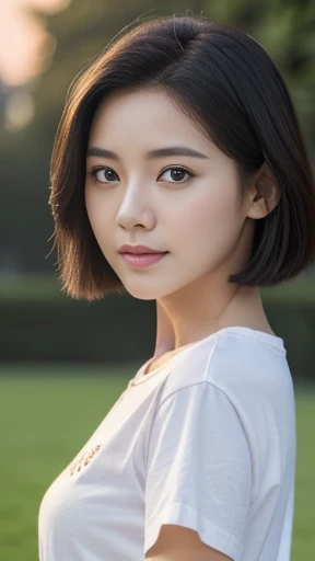 Front view, full-body, Chinese girl, 21 century, looking at viewer, She is actress, beautiful Chinese Young General, 26 years old, (Highly detailed face, Black hair , middle hair ,Ordinary eyes, Tapered eyebrows, Brown eye, Variegated eyes, Fuller lips, little Lips, smile),(gold earning, white pearl neck less, lady's watch ), (White T-shirt, damage Blue denim, black hi-heal), standing pose, on ground ,in palace Garden, looking back TV staff, TV camera, reporters, sunset ,(masterpiece, Highest quality, masterpiece, God-like quality, Godly art, , Very realistic)