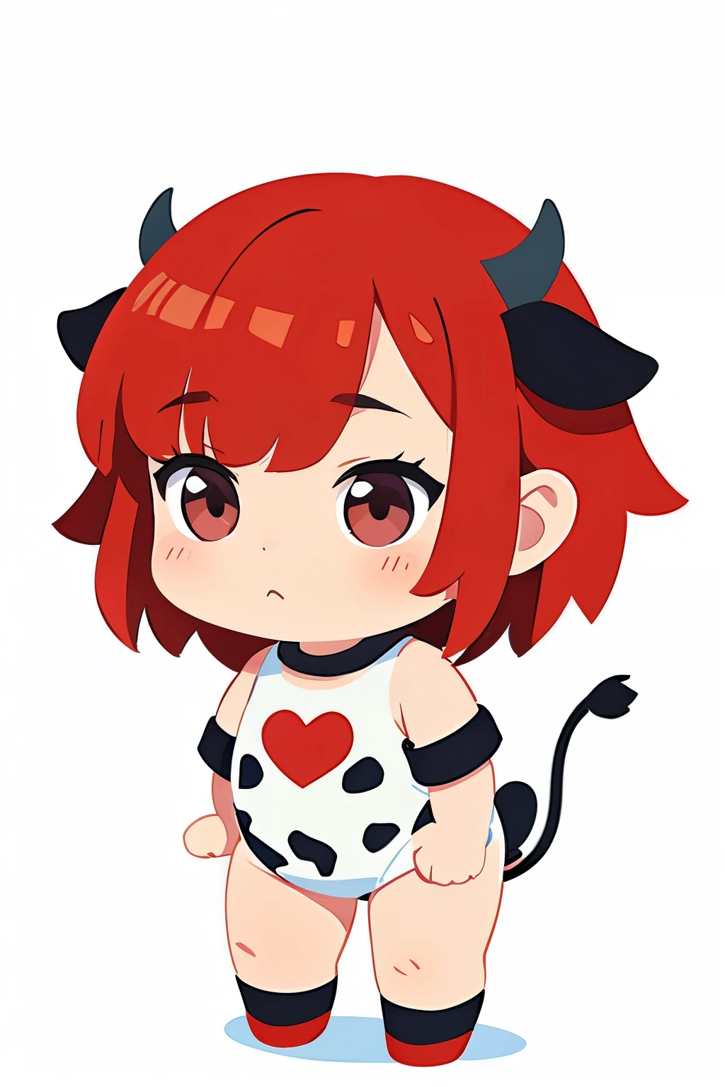 samdoesarts style, White background ,Sam Style, в полный рост, , in a cow costume, red short hair, cow horns and ears, there is a cow&#39;s tail under the skirt, embarrassed, awkward, holds her miniskirt with her hands and pulls it down, cropped sweater suit with hood and skirt, cow print 