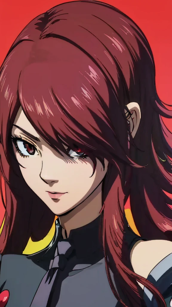 1 female, medium breast, Mitsuru kirijo, face portrait,, black suit black suit, tie, red eyes, long hair, hair over one eye , hair over one eye, yu-gi-oh duel disc