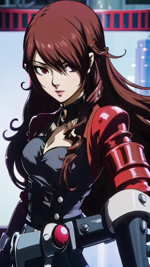 1 female, medium breast, Mitsuru kirijo, face portrait,, black suit black suit, tie, red eyes, long hair, hair over one eye , hair over one eye, yu-gi-oh duel disc