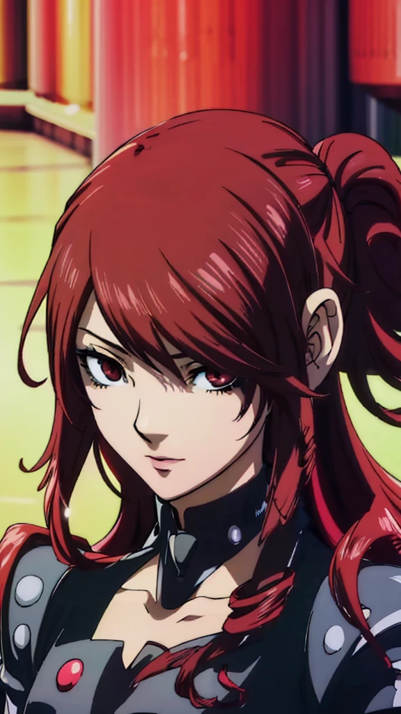 1 female, medium breast, Mitsuru kirijo, face portrait,, black suit black suit, tie, red eyes, long hair, hair over one eye , hair over one eye, yu-gi-oh duel disc