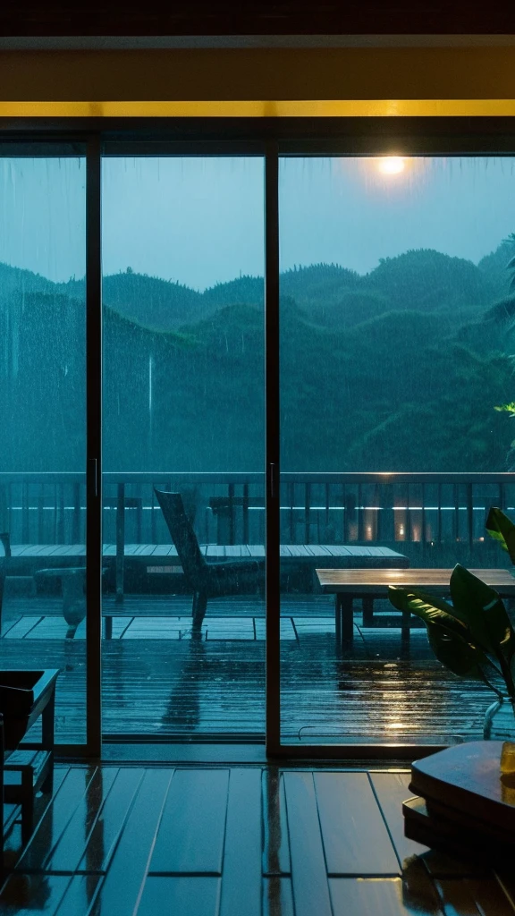 Rainy scenery seen from a tropical window Beach view from the window Night view