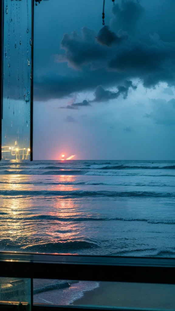 Rainy scenery seen from a tropical window Beach view from the window Night view