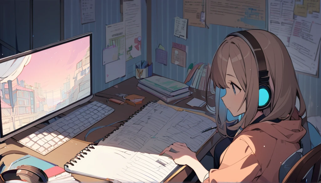 A cute girl is studying with a notebook in her room while wearing headphones。The room is messy and the entire desk is visible.Madhouse-like colors、A touch like Makoto Shinkai