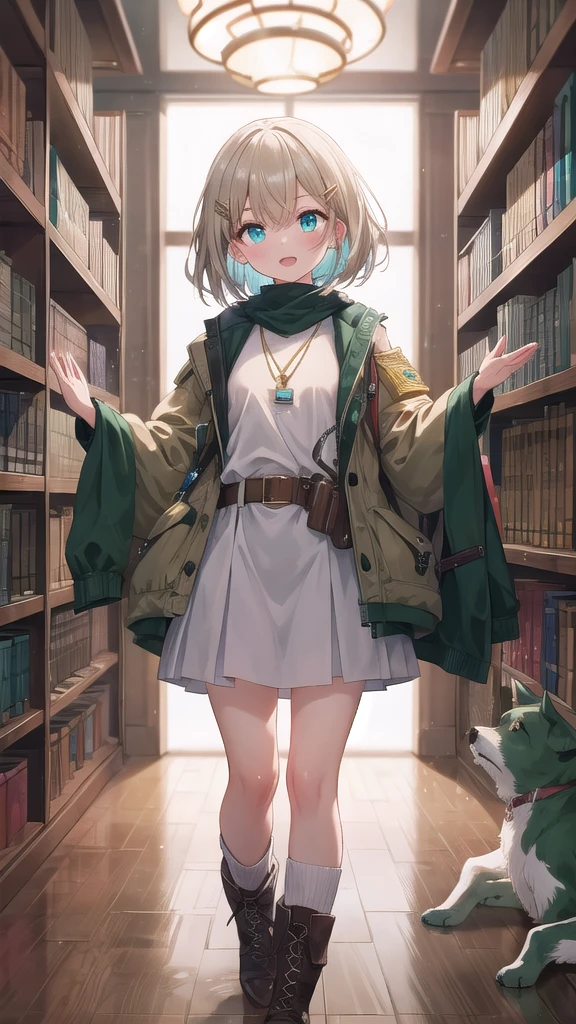(8K, best quality, master piece: 1.3),super high resolution,1 girl, solo, cowboy shot ,ultra-detailed face, silme, (ash hair), thin hair clip, cyan colorshift eyes, expressive eyes, Ecstatic expression, Military style, cotton, nylon, khaki, black, dog tags, boots, Ancient library, brown, green, gold, dim but warm light