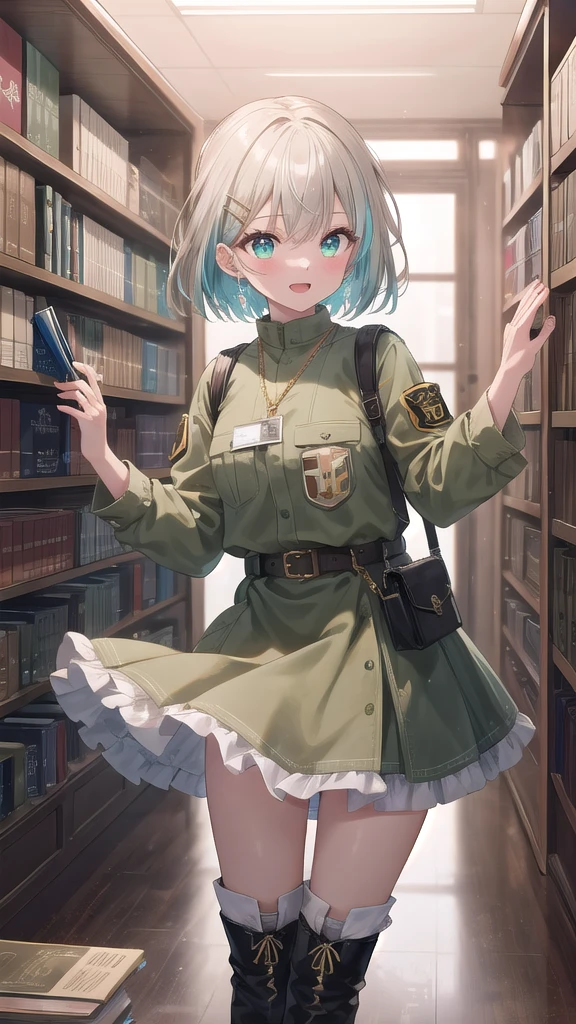 (8K, best quality, master piece: 1.3),super high resolution,1 girl, solo, cowboy shot ,ultra-detailed face, silme, (ash hair), thin hair clip, cyan colorshift eyes, expressive eyes, Ecstatic expression, Military style, cotton, nylon, khaki, black, dog tags, boots, Ancient library, brown, green, gold, dim but warm light