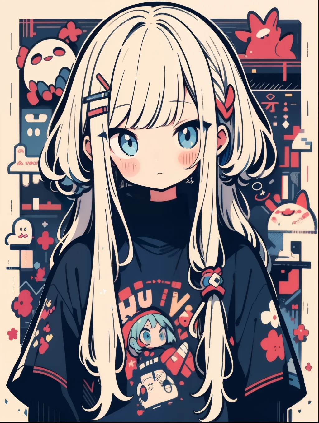 high quality、neonカラーパレット、High-level image quality、cool女の子、cool、Long Bangs、I can't see、Unprecedented volume、Anime Style、Sticker Style、short hair、Gray Hair、Blue Eyeessy Hair、Menhera、bandage、Loose-fitting clothing、Baggy T-shirt、self-injurious behavior、Gross、dark、Are depressed、Eye bags、Heavy Eyes、black eye、Blood、Creepy、エロGross、Dark circles under the eyes、neon、Eye strain、Glitch、Retro、scared、devil、eyeball、ghost、Horror、Bloodまみれの、カラフルなBlood、Glitch