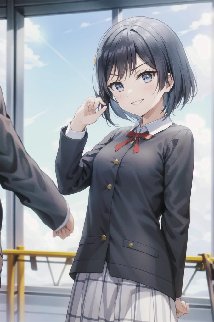 (Highest quality, masterpiece:1.2), One Girl, alone, anime, anime screencap,  Ray Tracing, Global Illumination, ultra hi resolution picture, Bright colors,  Cinematic Light,  Lens flare,  Light on the face, Glowing Eyes,  Written boundary depth, Happy, Detailed Background, cute,  straight, smile, View your audience, Outdoor, null, cloud, 
 Yuki Setuna, Upper Body, Jacket, Long sleeve,short hair，Sweat from gas，Sweaty，Taki sweat
