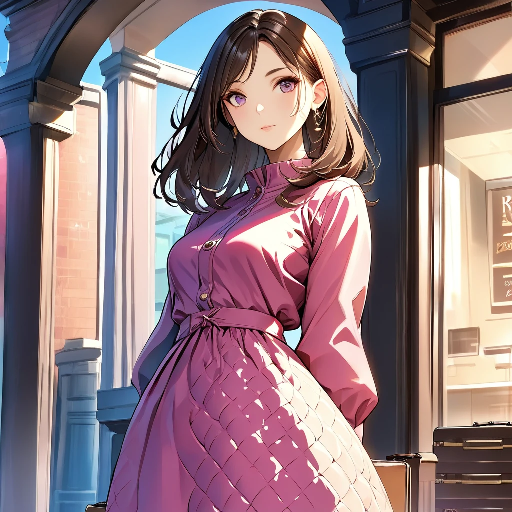 1 girl, ((Masterpiece, high quality, HD, High Details)), Bell Shape breasts (Narrower at the top and fuller at the bottom, resembling a bell), Eyes: Almond-shaped, dark brown, Nose: Small and slightly upturned, Lips: Full, rosy pink, Hair: Long, wavy, black, Skin Tone: Fair with a pink undertone, Eyebrows: Thick and gently arched, Cheekbones: High and defined, Chin: Rounded, Ears: Small and close to the head, Expression: Serene and thoughtful, wearing (Quilted puffer dress), standing outside a shop Pulling a suitcase looking at viewer