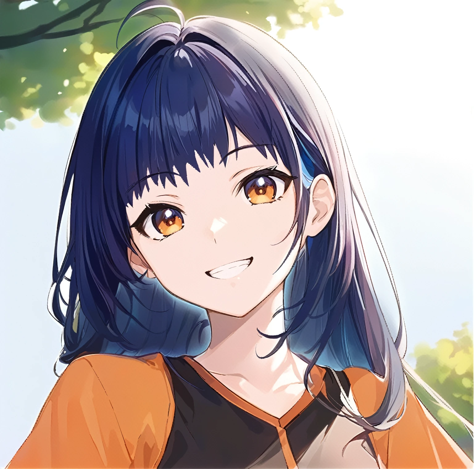 ((masterpiece)), (A 14-year-old girl wearing tennis wear), (Anime girl with blue hair and orange shirt smiling at camera with eyes closed), Smooth anime CG art, Lively girl anime visual, Anime Moe Art Style, (Short bangs), (Jagged ends), Anime art style, Cute Anime Girl portrait, Anime style portrait, Anime Girl Portrait, Attractive anime girl, Beautiful anime portraits, Cute Anime Girl, (Active women), ((Ultra-high resolution))