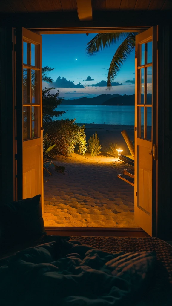 A tropical beach seen from a window　Night view