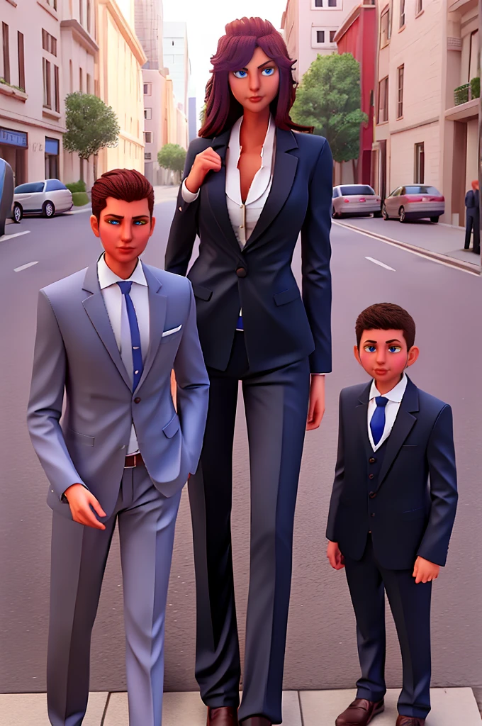 Tall wife in the middle, short husband in the left, short son in the right, beautiful faces, wife is wearing suit and pants, wife has big , wife is showing cleavage, wife is ripped, wife's suit has a belly button cutout, wife has ripped visible abs, make the girls even more taller than the boys, boys are very thin and weak, boys wearing suit and pants, wife is standing barefoot, boys are wearing office shoes