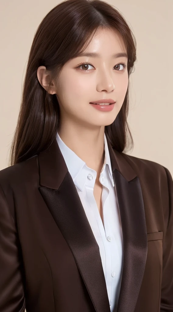 ((top-quality、8k、tmasterpiece:1.3))、HR manager women :1.4、((dark brown hair、formal clothes:1.2))、white background:1.2、Highly Detailed Face and Skin Textur、Detailed eyes、double eyelid, smile showing teeth