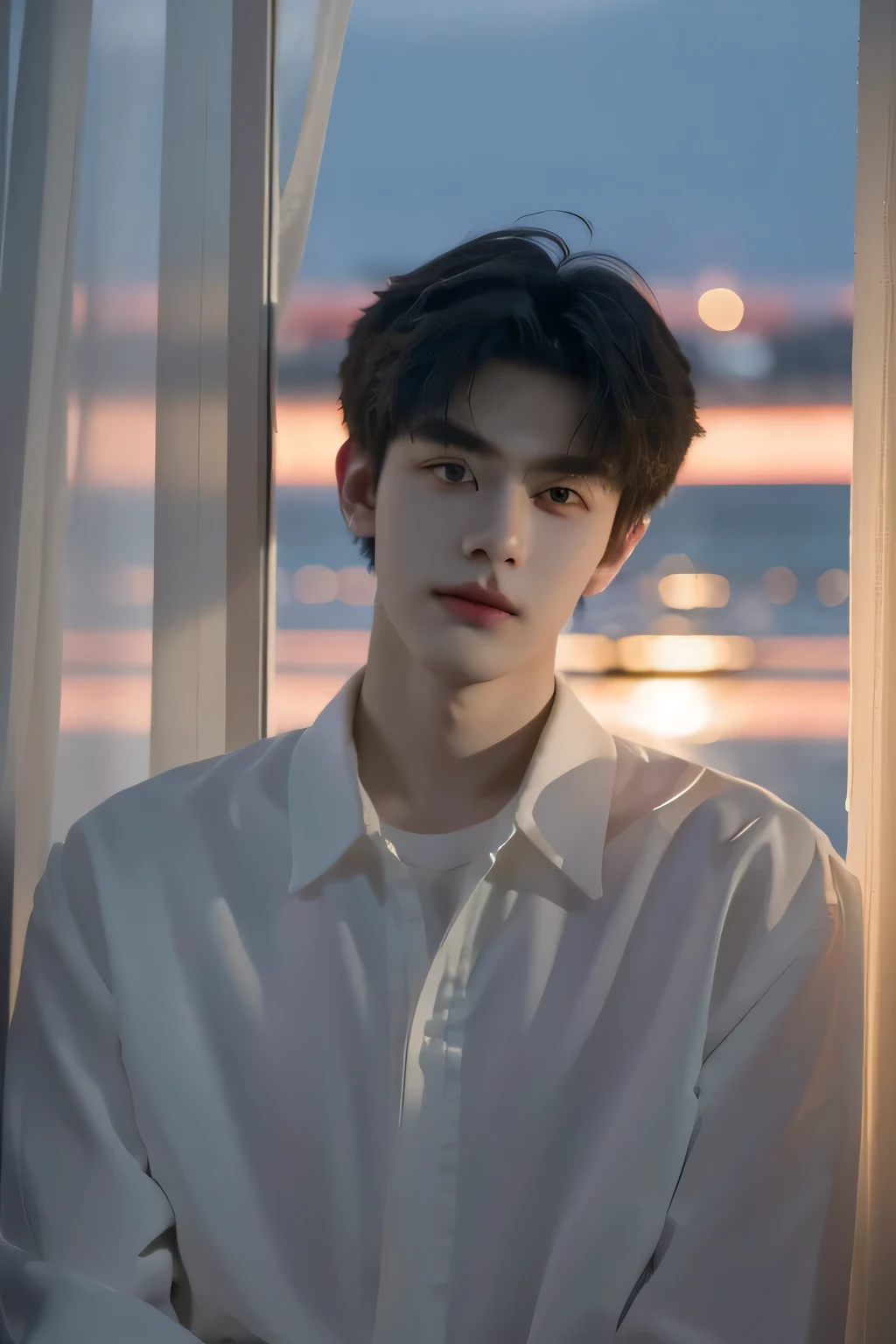 masterpiece，Ultra-high resolution，（Reality：1.4），Bust photo，1 boy，In the dark night，Depth Shadows，Low pitch，Cold Light，Handsome, extraordinary，detail，18 years old，Emotional，The face is very clear，By the window，White curtains，seaside，Sunset