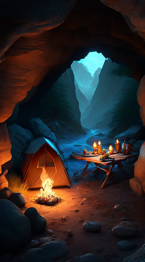 A campsite within a hidden cave, complete with torches and supplies