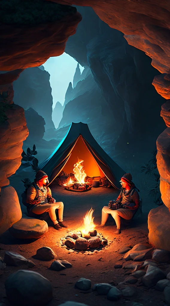A campsite within a hidden cave, complete with torches and supplies