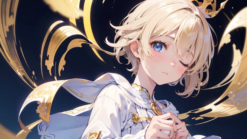 (Highest quality)　(4K)　(8k)　(High resolution)　(masterpiece:1.2)　(Super detailed)　One boy　short hair　Wizard　Blue Eyes　Long sleeve　Golden decoration　Hair between the eyes　Closed Mouth　White Dress　Wavy golden hair　Upper Body　large crown　(White Background)　(Cast a spell)　front　Face close-up