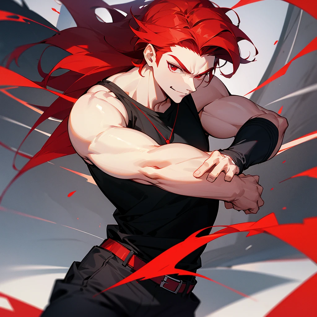 handsome blue eyes,Mulet style red hair, tattoos all over his body,male people,a handsome,Cool atmosphere,Soio,Mash,Depressive Atmosphere(masuter piece,Half body,,ムラムラ,evil smile,Yandere atmosphere,A few tattoos on the face,Hair tied back.