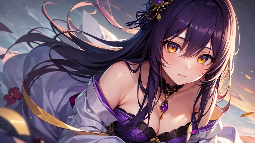 Highest quality, 8k, 4K, High resolution, High Contrast,1girl,only,Beautiful dark purple hair,(Beautifully detailed face), Yellow clear eyes, beautiful eyes, A gentle expression of love, 20generation, Beautiful breasts, Wearing an amethyst, Deep purple gemstone, Based on purple, Precise landscape, Noble Japanese Clothing