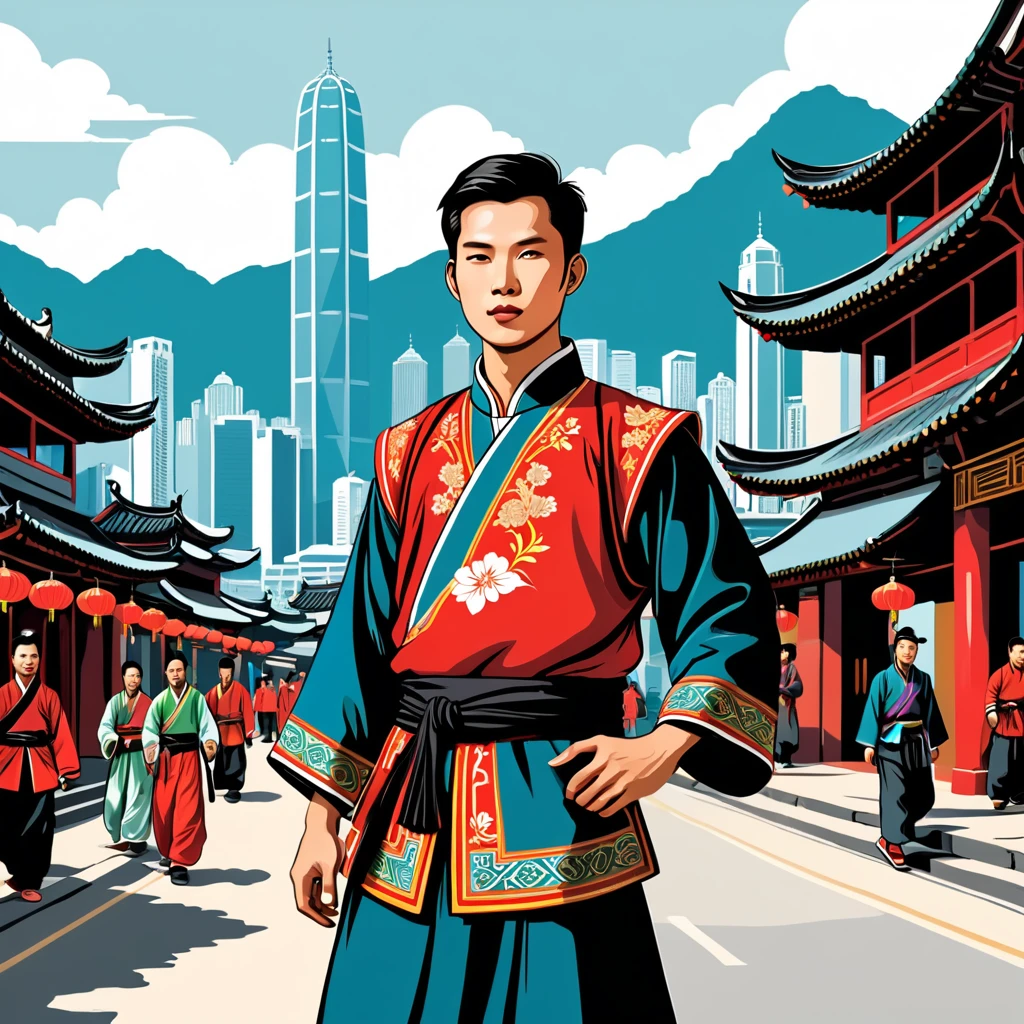 man in hong kong folk outfit, vector graphics, strong contours
