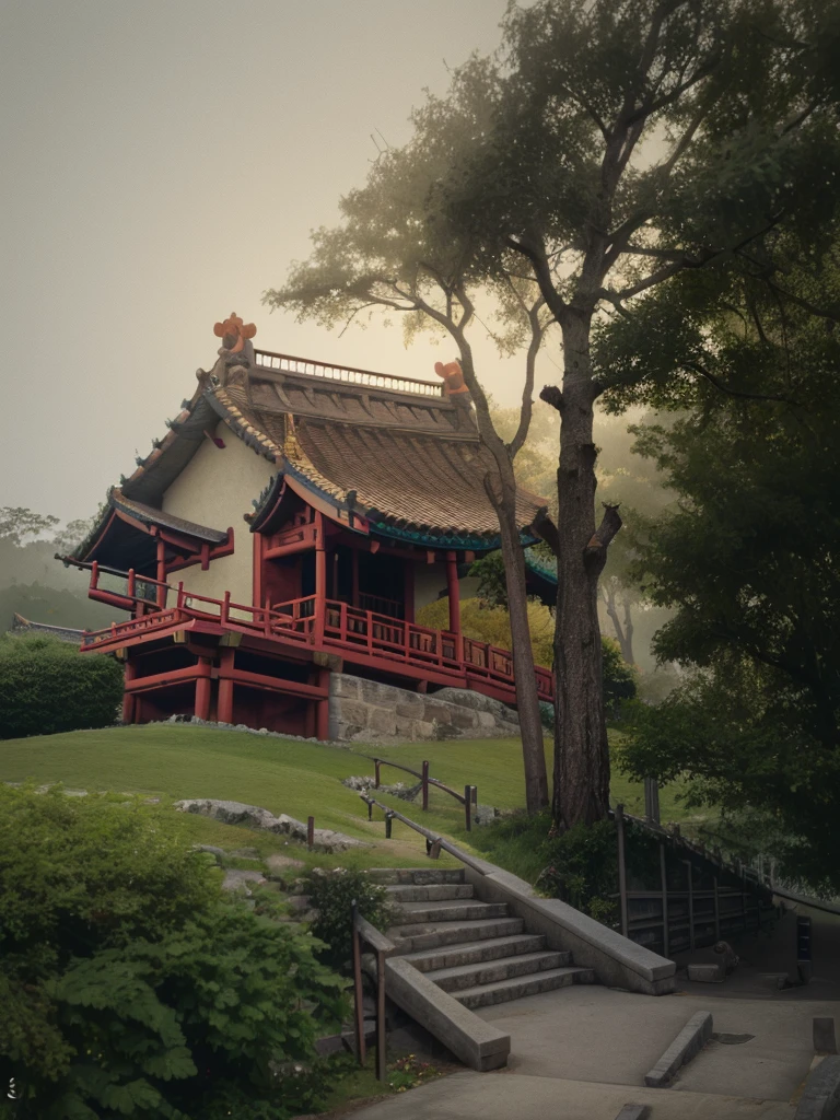 (RAW Photo: 1.2), highest quality, ultra-high resolution, depicting a traditional Chinese building—a temple. It stands on a hillside, surrounded by trees and a natural setting. The roof design showcases traditional Chinese architecture with upturned eaves, a striking contrast between the yellow roof tiles and the dark red walls and pillars.

In the foreground, a staircase made of stone leads up to the structure, bordered by railings. The entire scene is enveloped in a soft mist, lending an air of mystery and peacefulness. The sky is gloomy, as if it had recently rained. The atmosphere is cinematic, captured by a Canon camera.