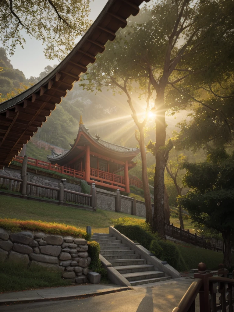 (RAW Photo: 1.2), highest quality, ultra-high resolution, depicting a traditional Chinese building—a temple. It stands on a hillside, surrounded by trees and a natural setting. The roof design showcases traditional Chinese architecture with upturned eaves, a striking contrast between the yellow roof tiles and the dark red walls and pillars.
In the foreground, a staircase made of stone leads up to the structure, bordered by railings. The entire scene is enveloped in a soft mist, lending an air of mystery and peacefulness. The sky is gloomy, as if it had recently rained. The atmosphere is cinematic, captured by a Canon camera.