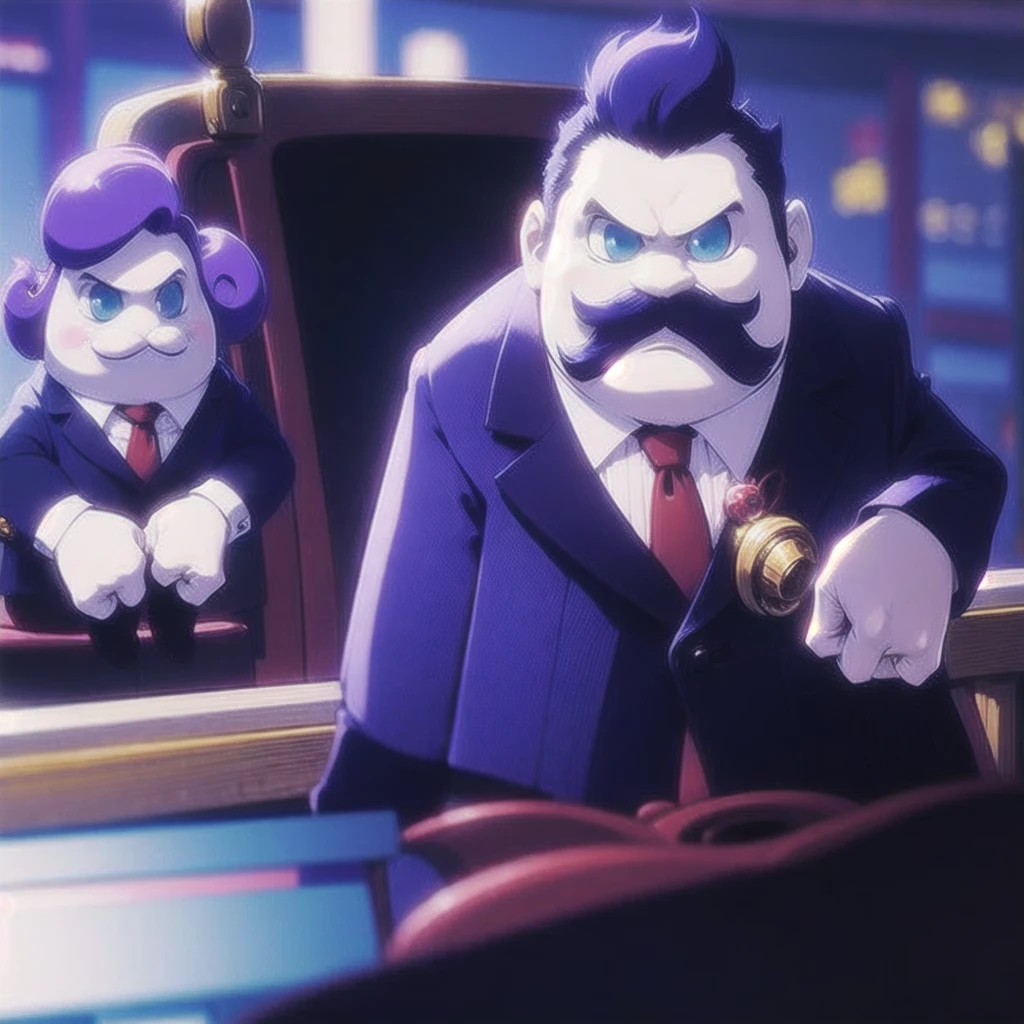 Full body view, Haltmann, purple hair, purple mustache, round body, arms and hands, wearing a dark blue suit with pink vertical lining, pink shirt, red tie, black shoes, gold suit button with a red diamond, pale purple gloves, pink cuffs, pale purpmin, blue eyes, golden earpiece with antenna,sitting behind a desk