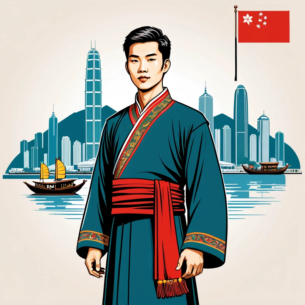 man in hong kong folk outfit, vector graphics, strong contours