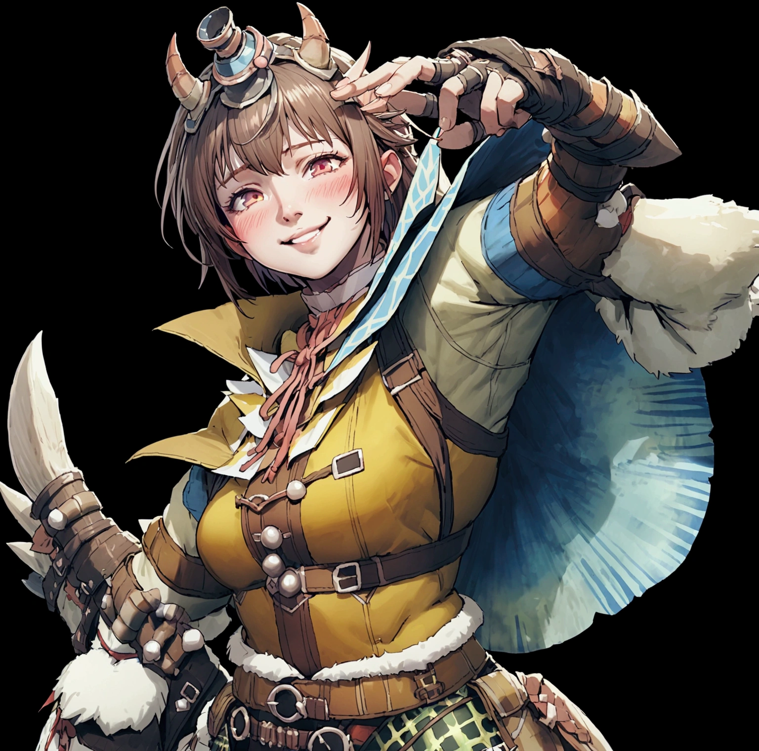 ((monsterhunter)), looking the viewer, solo, girl, shy, red cheek, bashful, embarrassed, smiling, happy, perfect face, beautiful eye, upper body