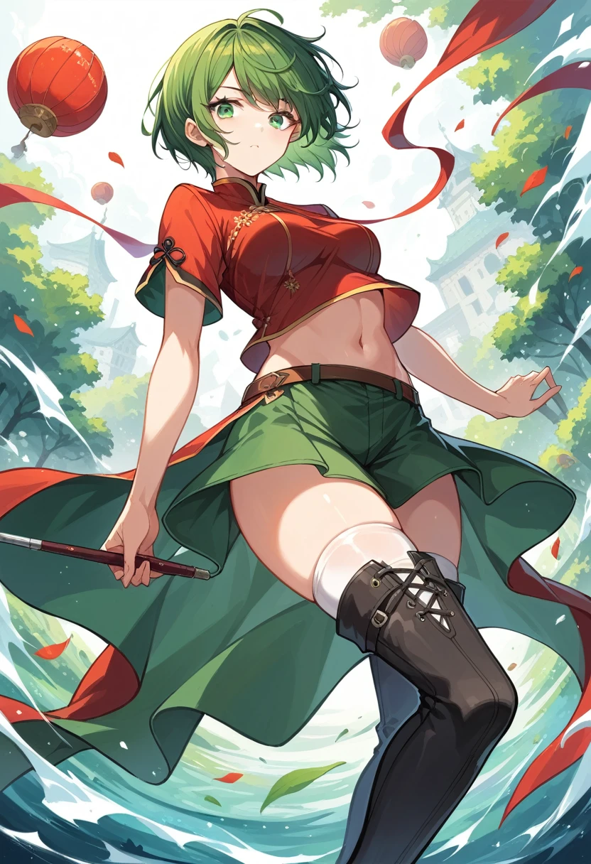 score_9, score_8_up, score_7_up, score_6_up, source_anime, 1girl, (dynamic angle), (perfect image), 8k wallpaper, most detailed, Complex, delicate background, offical art,brawn hair,short cut,green hair orment,green eyes,chinese-inspired red clothing,black leggings,white thigh-high boots,miniskirt,navel is uncovered