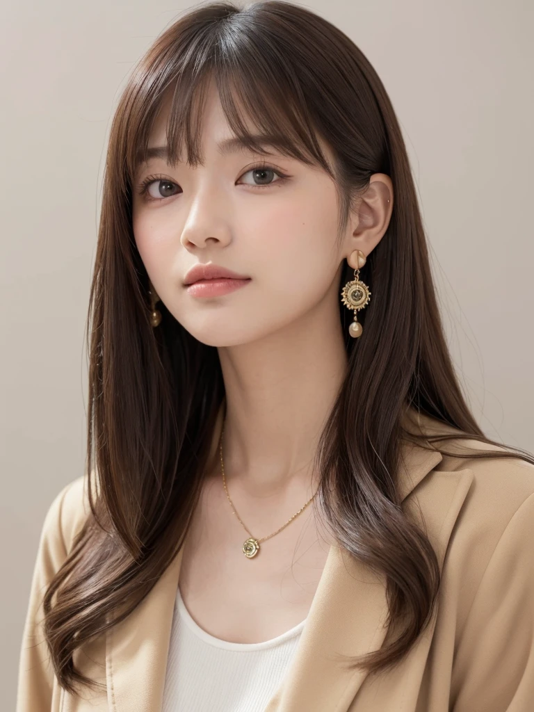  ((Highest quality, 8k, masterpiece:1.3)), concentrate: 1.2, Perfect body beauty: 1.4, Hips: 1.2, ((Long Hair, chest: 1.2)), (Dry clothes: 1.1) , (clear, Simple Background:1.3), Simple clothes: 1.1, Highly detailed face and skin texture,Delicate eyes, double eyelid, Whitened skin, Rough skin、Long Hair、Earrings with bangs、necklace、 solo、Beige coat、White shirt,  (((Beautiful girl with cute Japan)))、  ((Beautiful Japanese girl 20 years old))、 ((Baby Face))、 (((Slender body)))、  Upper Body，Face focus、necklace，Simple Background，From above， Realistic Hair、 A photograph was taken:Canon EOS R6、135mm、1/1250 seconds、f2.8、ISO400、(Detailed explanation of the hand)、(Masseter muscle area)、(Exquisite CG)、Long Hair, loose and curly hair、Korean Hair、Long Hair明るいベージュ色、グラデーションハイライトグレージュのゆるふわLong Hairスタイル、