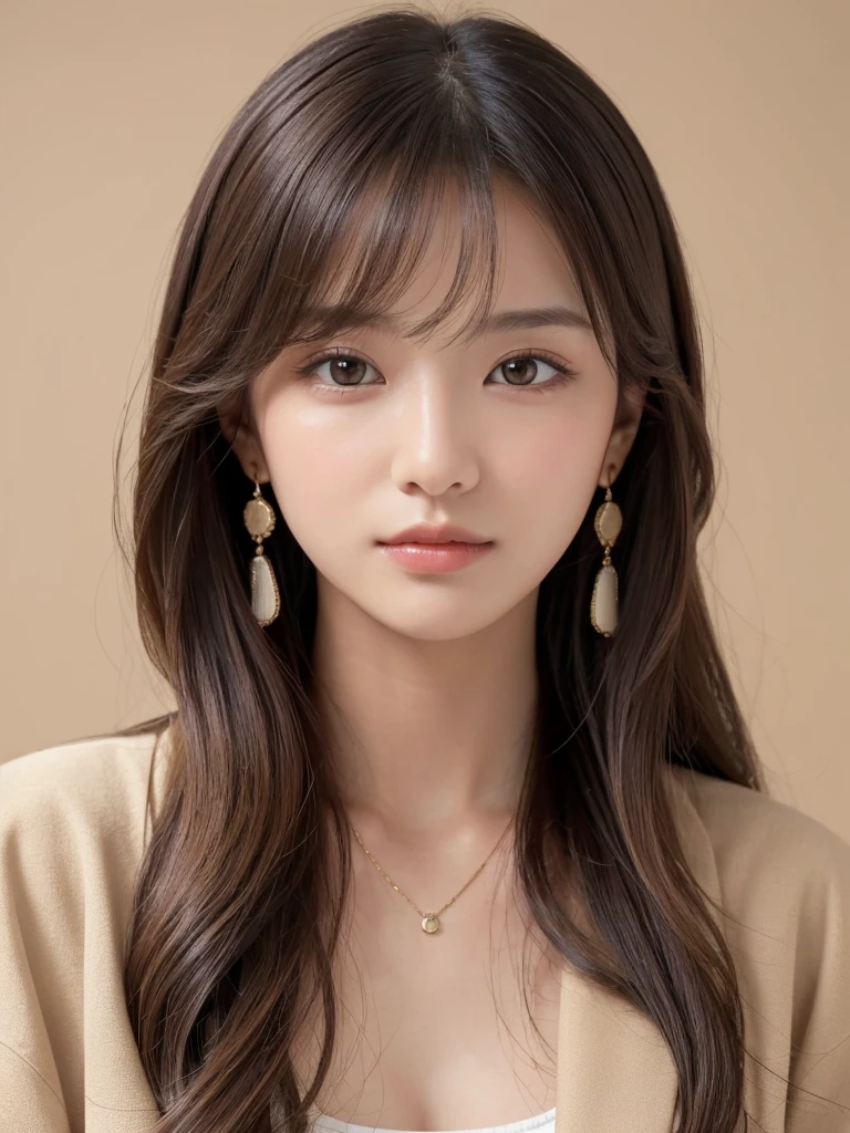 ((Highest quality, 8k, masterpiece:1.3)), concentrate: 1.2, Perfect body beauty: 1.4, Hips: 1.2, ((Long Hair, chest: 1.2)), (Dry clothes: 1.1) , (clear, Simple Background:1.3), Simple clothes: 1.1, Highly detailed face and skin texture,Delicate eyes, double eyelid, Whitened skin, Rough skin、Long Hair、Earrings with bangs、necklace、 solo、Beige coat、White shirt, (((Beautiful girl with cute Japan)))、 ((Beautiful Japanese girl 20 years old))、 ((Baby Face))、 (((Slender body)))、 Upper Body,Face focus、necklace,Simple Background,From above, Realistic Hair、 A photograph was taken:Canon EOS R6、135mm、1/1250 seconds、f2.8、ISO400、(Detailed explanation of the hand)、(Masseter muscle area)、(Exquisite CG)、Long Hair, loose and curly hair、Korean Hair、Long Hair明るいベージュ色、グラデーションハイライトグレージュのゆるふわLong Hairスタイル、