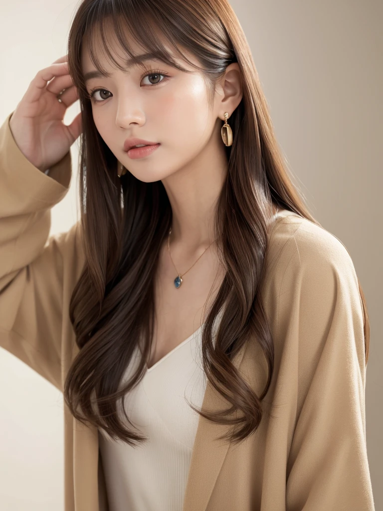  ((Highest quality, 8k, masterpiece:1.3)), concentrate: 1.2, Perfect body beauty: 1.4, Hips: 1.2, ((Long Hair, chest: 1.2)), (Dry clothes: 1.1) , (clear, Simple Background:1.3), Simple clothes: 1.1, Highly detailed face and skin texture,Delicate eyes, double eyelid, Whitened skin, Rough skin、Long Hair、Earrings with bangs、necklace、 solo、Beige coat、White shirt,  (((Beautiful girl with cute Japan)))、  ((Beautiful Japanese girl 20 years old))、 ((Baby Face))、 (((Slender body)))、  Upper Body，Face focus、necklace，Simple Background，From above， Realistic Hair、 A photograph was taken:Canon EOS R6、135mm、1/1250 seconds、f2.8、ISO400、(Detailed explanation of the hand)、(Masseter muscle area)、(Exquisite CG)、Long Hair, loose and curly hair、Korean Hair、Long Hair明るいベージュ色、グラデーションハイライトグレージュのゆるふわLong Hairスタイル、