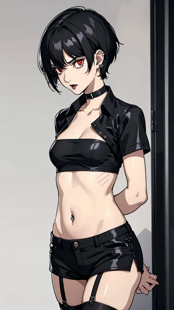 1 girl, Red eyes, very Short hair, black choker, lipstick, smile, black hair, small girl , tomboy Pixie haircut, tank top, shorts, stockings, cowboy shot, sit