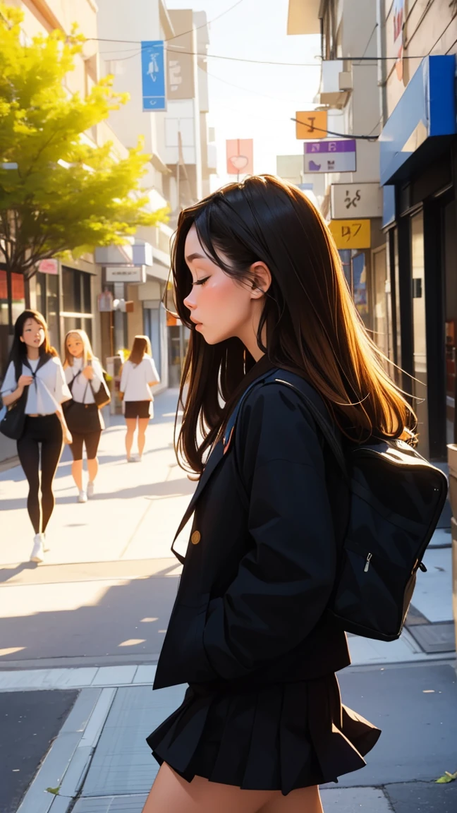 Walking around town,Sleeping while walking,beautiful girl,Side view, UHD Portrait, (high quality) (Super detailed) ,Female High School Students,uniform, colorful, Long hair in color 🌈