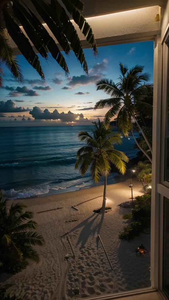 A tropical beach seen from a window　Night view