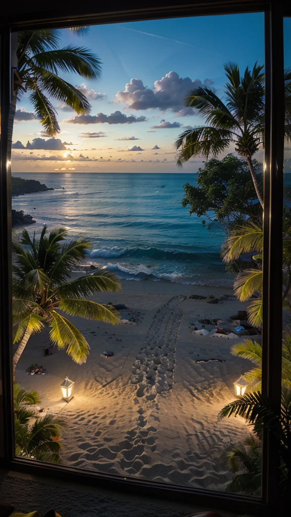 A tropical beach seen from a window Night view