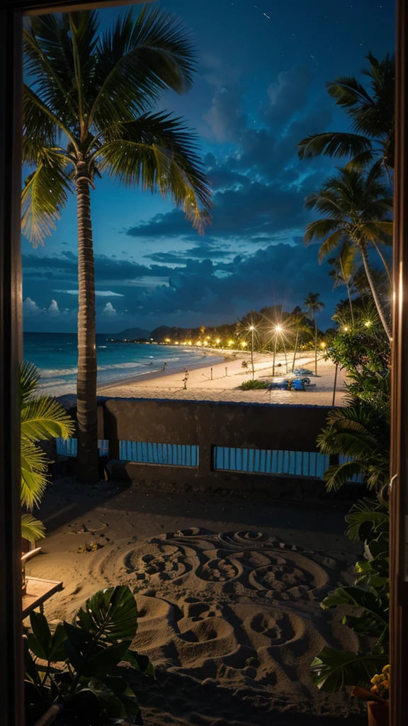 A tropical beach seen from a window Night view