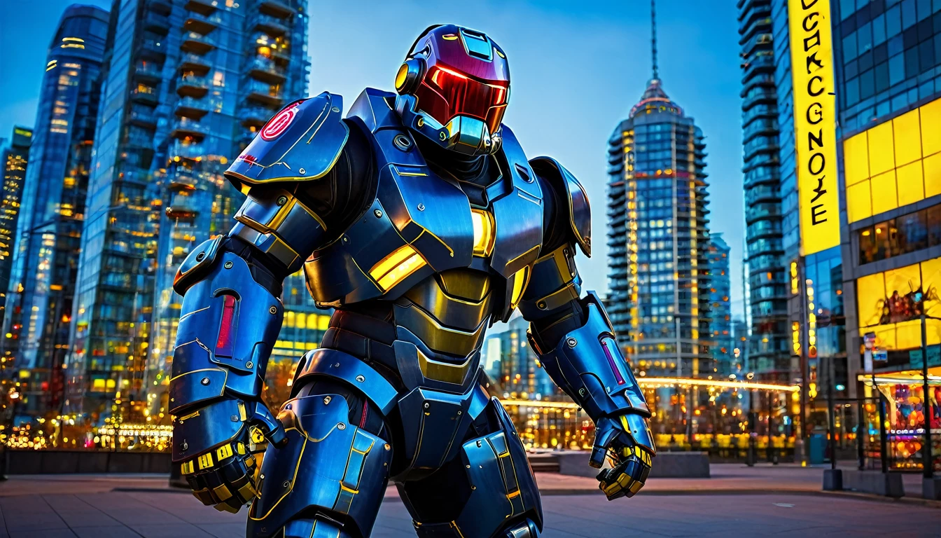 Large Mech suit ready for battle, full body shot, Vancouver, high-quality artwork, metal armour, intense lighting, cityscape background, heroic pose, dramatic shadows, carbon fiber suit with black and red paint job and yellow neon lights, hockey helmet with blue visor, video game, blue electric fists, futuristic synth wave cyberpunk, hulkbuster with goalie hockey mask design, no reactor core on chest