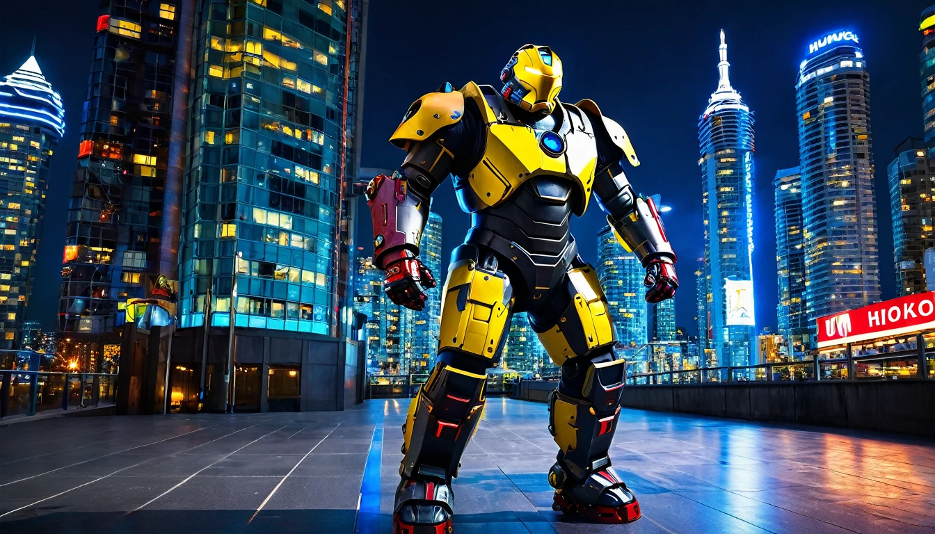 Large Mech suit ready for battle, full body shot, Vancouver, high-quality artwork, metal armour, intense lighting, cityscape background, heroic pose, dramatic shadows, carbon fiber suit with black and red paint job and yellow neon lights, hockey helmet with blue visor, video game, blue electric fists, futuristic synth wave cyberpunk, hulkbuster with goalie hockey mask design, no reactor core on chest