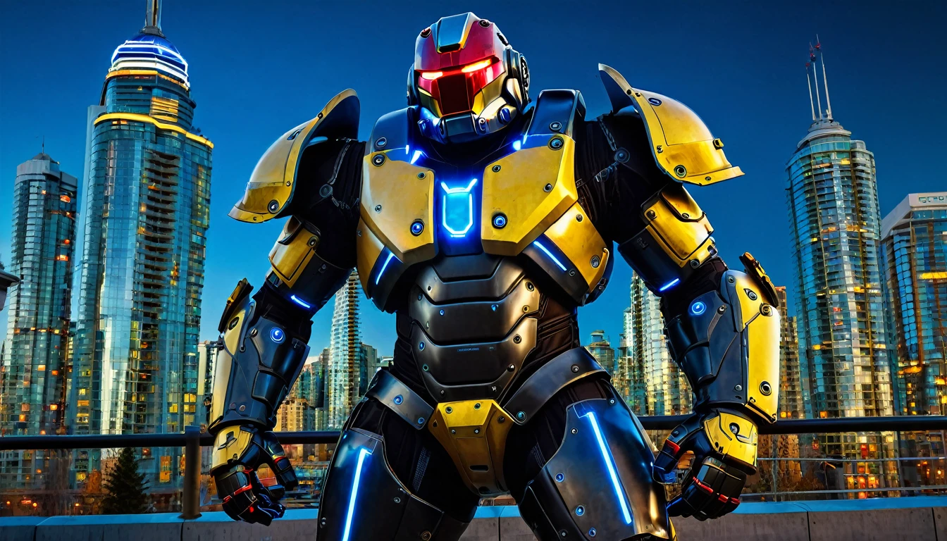 Large Mech suit ready for battle, full body shot, Vancouver, high-quality artwork, metal armour, intense lighting, cityscape background, heroic pose, dramatic shadows, carbon fiber suit with black and red paint job and yellow neon lights, hockey helmet with blue visor, video game, blue electric fists, futuristic synth wave cyberpunk, hulkbuster with goalie hockey mask design, no reactor core on chest
