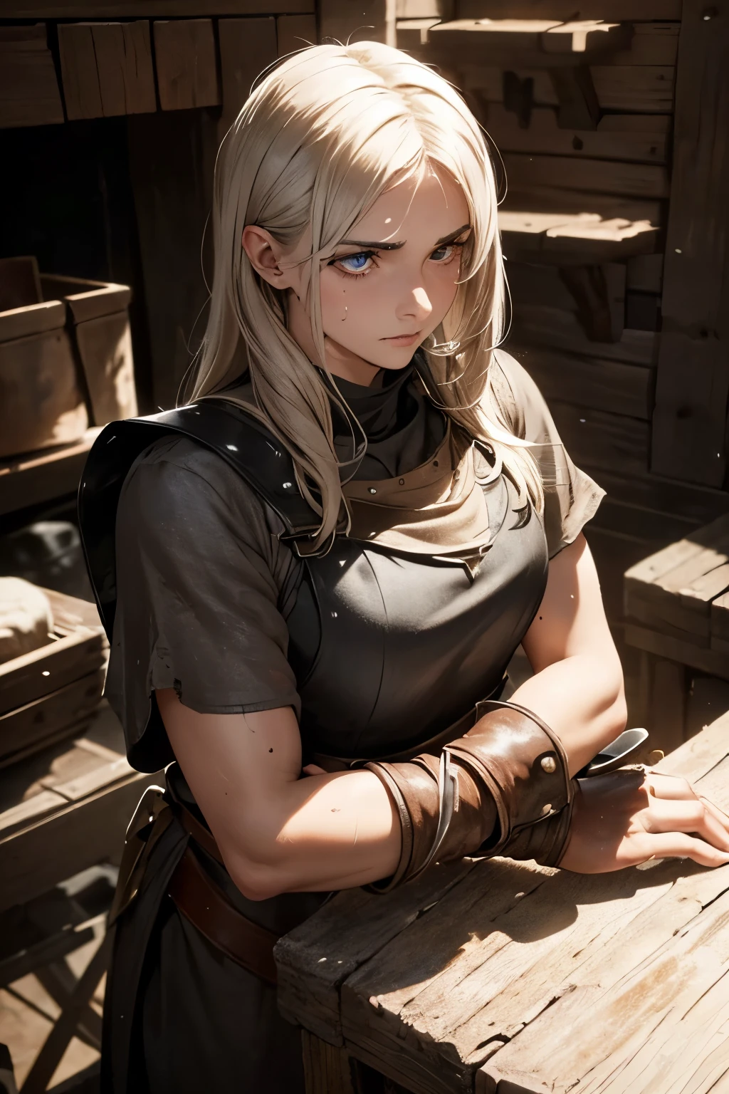 Medieval female blacksmith:

(Historically accurate: 1.3), (max resolution: 1.2), (Ultra HDTV: 1.2), soft-focus lighting, 8K resolution, Detailed facial features and skin texture, intricate facial details, (Sharp Focus: 1.2), (Focus on Face:1.2), authentic, period-appropriate clothing, leather apron, leather gloves, steel-tipped boots, (Anatomically correct: 1.2), muscular arms, calloused hands, sweat dripping from brow, soot-stained face, (Detailed eyes: 1.2), rugged beauty,