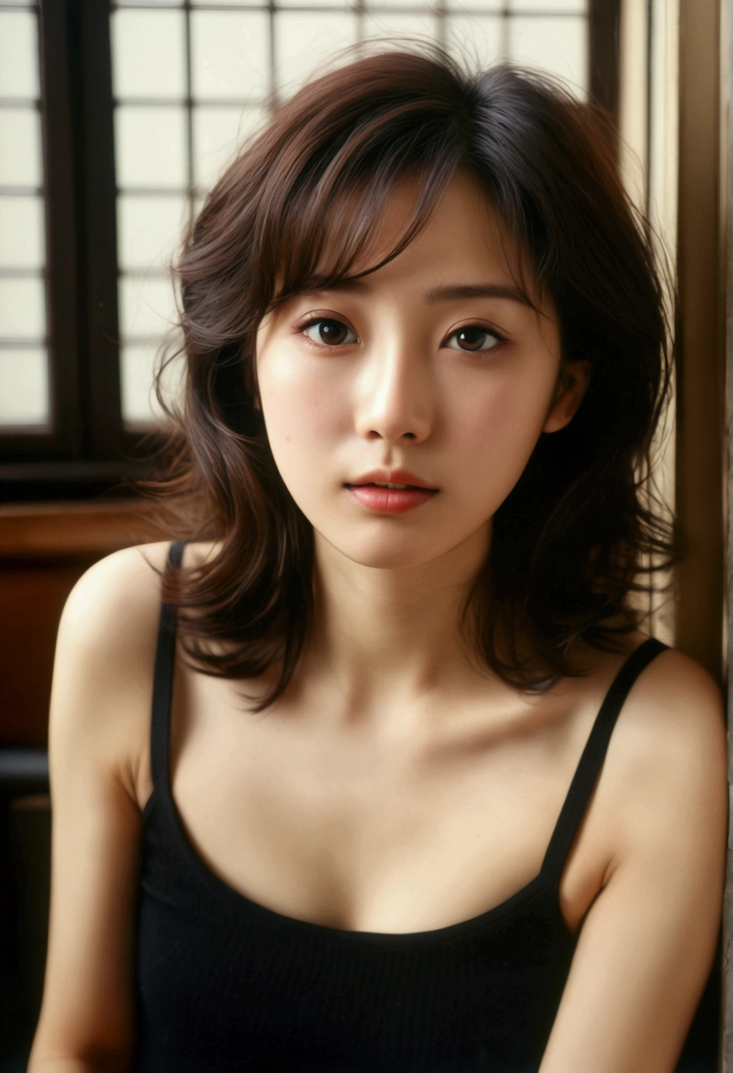Staring at the screen、front、esotropia、Structure of the film、to be born々New skin texture、Arm hair、Realistic skin texture (1.8), Pore details (1.7), Thin vellus hair (1.7), Micro Skin Relief (1.6), Natural skin moisturization (1.5), Skin Transparency (1.6), Soft Skin Highlights (1.7), Faint goosebumps (1.4), Scattered beneath the surface (1.7), Macroskin Details (1.8)Black sleeveless、pores、 Dark Room,Always Details,finely,High resolution, High resolution,Deep Shadow,High Contrast,(8k、to be born写真、Highest quality、masterpiece:1.2)、(Realistic,Realistic:1.8) ,whole body,Amazingly beautiful eyes,Natural Lip,(Saggy breasts:1.1)（ Squint your eyes :1.1）1 girl、View your viewers、Beautifully Detailed face,,Mouth half open,、narrow,Floating Hair,Dark brown hair, short hair, Brown eyes, front, Detailed face,Japanese girl sitting in the middle of the room,Wide viewing angles, Messy room, looking at the camera, Black camisole,Arm hair、Brown Hair,View your viewers,Beautifully Detailed face, Cinematic Light,(Film Gain:1.4)|(VHS Video:1.2)(old analog film photography:1.4) Vintage Film (1.8), Analog camera (1.5), Film Grain (1.4), Light leakage (1.2), Soft Focus (1.3), Warm tones (0.2), Retro aesthetic (1.7), Lomography (1.3), Nostalgic atmosphere (1.8), Polaroid style (1.5), Faded colors (1.9), Dreamy look (1.3), Overexposure (1.1), Vignette Effect (1.8), Blurred Edges (1.4),Dusty room,Moisturized Skin、Beautifully Detailed face,
