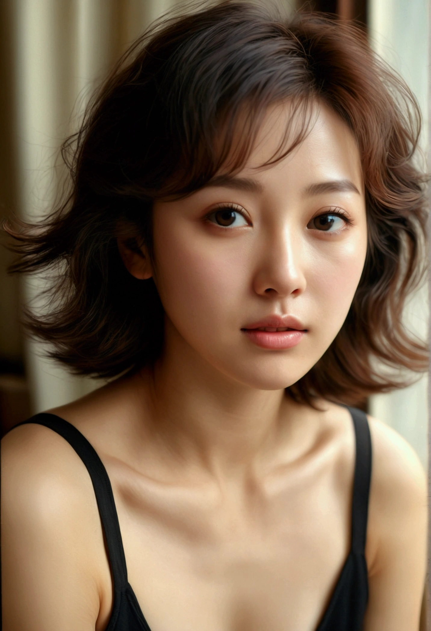 Staring at the screen、front、esotropia、Structure of the film、to be born々New skin texture、Arm hair、Realistic skin texture (1.8), Pore details (1.7), Thin vellus hair (1.7), Micro Skin Relief (1.6), Natural skin moisturization (1.5), Skin Transparency (1.6), Soft Skin Highlights (1.7), Faint goosebumps (1.4), Scattered beneath the surface (1.7), Macroskin Details (1.8)Black sleeveless、pores、 Dark Room,Always Details,finely,High resolution, High resolution,Deep Shadow,High Contrast,(8k、to be born写真、Highest quality、masterpiece:1.2)、(Realistic,Realistic:1.8) ,whole body,Amazingly beautiful eyes,Natural Lip,(Saggy breasts:1.1)( Squint your eyes :1.1)1 girl、View your viewers、Beautifully Detailed face,,Mouth half open,、narrow,Floating Hair,Dark brown hair, short hair, Brown eyes, front, Detailed face,Japanese girl sitting in the middle of the room,Wide viewing angles, Messy room, looking at the camera, Black camisole,Arm hair、Brown Hair,View your viewers,Beautifully Detailed face, Cinematic Light,(Film Gain:1.4)|(VHS Video:1.2)(old analog film photography:1.4) Vintage Film (1.8), Analog camera (1.5), Film Grain (1.4), Light leakage (1.2), Soft Focus (1.3), Warm tones (0.2), Retro aesthetic (1.7), Lomography (1.3), Nostalgic atmosphere (1.8), Polaroid style (1.5), Faded colors (1.9), Dreamy look (1.3), Overexposure (1.1), Vignette Effect (1.8), Blurred Edges (1.4),Dusty room,Moisturized Skin、Beautifully Detailed face,