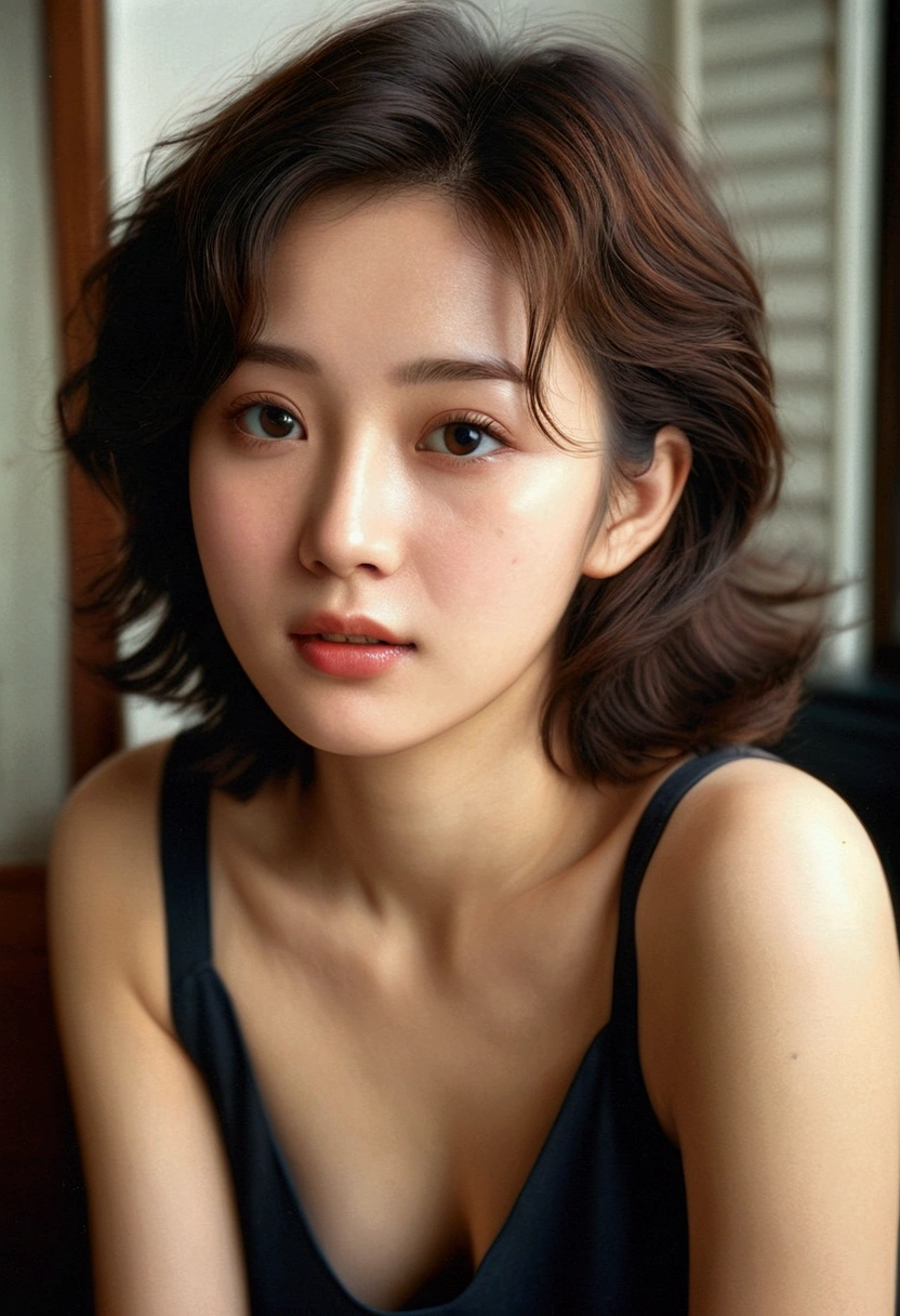 Staring at the screen、front、esotropia、Structure of the film、to be born々New skin texture、Arm hair、Realistic skin texture (1.8), Pore details (1.7), Thin vellus hair (1.7), Micro Skin Relief (1.6), Natural skin moisturization (1.5), Skin Transparency (1.6), Soft Skin Highlights (1.7), Faint goosebumps (1.4), Scattered beneath the surface (1.7), Macroskin Details (1.8)Black sleeveless、pores、 Dark Room,Always Details,finely,High resolution, High resolution,Deep Shadow,High Contrast,(8k、to be born写真、Highest quality、masterpiece:1.2)、(Realistic,Realistic:1.8) ,whole body,Amazingly beautiful eyes,Natural Lip,(Saggy breasts:1.1)（ Squint your eyes :1.1）1 girl、View your viewers、Beautifully Detailed face,,Mouth half open,、narrow,Floating Hair,Dark brown hair, short hair, Brown eyes, front, Detailed face,Japanese girl sitting in the middle of the room,Wide viewing angles, Messy room, looking at the camera, Black camisole,Arm hair、Brown Hair,View your viewers,Beautifully Detailed face, Cinematic Light,(Film Gain:1.4)|(VHS Video:1.2)(old analog film photography:1.4) Vintage Film (1.8), Analog camera (1.5), Film Grain (1.4), Light leakage (1.2), Soft Focus (1.3), Warm tones (0.2), Retro aesthetic (1.7), Lomography (1.3), Nostalgic atmosphere (1.8), Polaroid style (1.5), Faded colors (1.9), Dreamy look (1.3), Overexposure (1.1), Vignette Effect (1.8), Blurred Edges (1.4),Dusty room,Moisturized Skin、Beautifully Detailed face,
