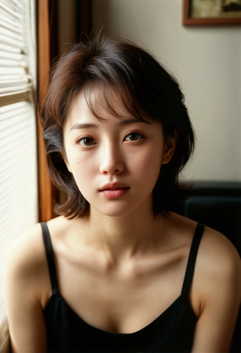 Staring at the screen、front、esotropia、Structure of the film、to be born々New skin texture、Arm hair、Realistic skin texture (1.8), Pore details (1.7), Thin vellus hair (1.7), Micro Skin Relief (1.6), Natural skin moisturization (1.5), Skin Transparency (1.6), Soft Skin Highlights (1.7), Faint goosebumps (1.4), Scattered beneath the surface (1.7), Macroskin Details (1.8)Black sleeveless、pores、 Dark Room,Always Details,finely,High resolution, High resolution,Deep Shadow,High Contrast,(8k、to be born写真、Highest quality、masterpiece:1.2)、(Realistic,Realistic:1.8) ,whole body,Amazingly beautiful eyes,Natural Lip,(Saggy breasts:1.1)( Squint your eyes :1.1)1 girl、View your viewers、Beautifully Detailed face,,Mouth half open,、narrow,Floating Hair,Dark brown hair, short hair, Brown eyes, front, Detailed face,Japanese girl sitting in the middle of the room,Wide viewing angles, Messy room, looking at the camera, Black camisole,Arm hair、Brown Hair,View your viewers,Beautifully Detailed face, Cinematic Light,(Film Gain:1.4)|(VHS Video:1.2)(old analog film photography:1.4) Vintage Film (1.8), Analog camera (1.5), Film Grain (1.4), Light leakage (1.2), Soft Focus (1.3), Warm tones (0.2), Retro aesthetic (1.7), Lomography (1.3), Nostalgic atmosphere (1.8), Polaroid style (1.5), Faded colors (1.9), Dreamy look (1.3), Overexposure (1.1), Vignette Effect (1.8), Blurred Edges (1.4),Dusty room,Moisturized Skin、Beautifully Detailed face,