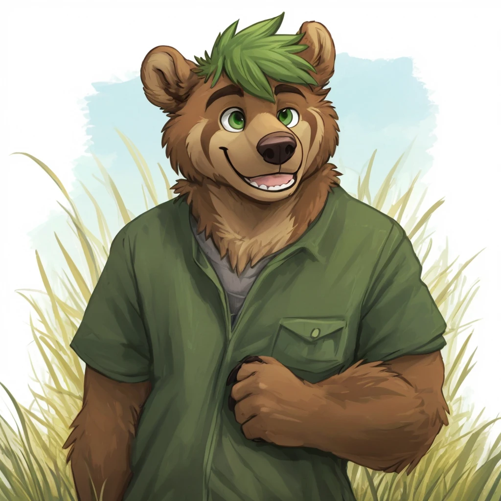 A huge, caramel brown colored fur anthropomorphic grizzly bear, he has green eyes, he has green hair, he's happy with his mouth closed, closed smile, dressed with a casual clothes, standing in a grassy field, high quality furry art.