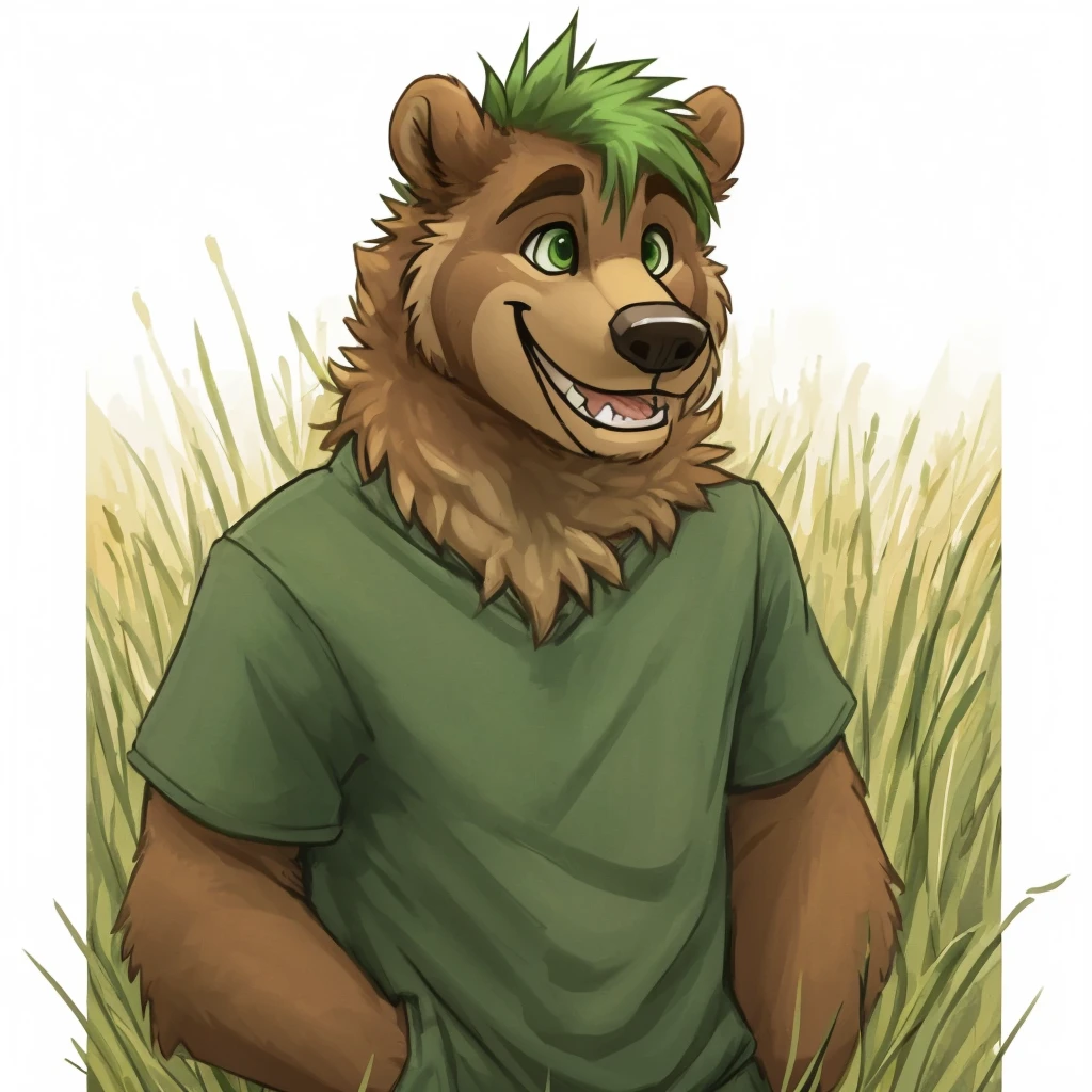 A huge, caramel brown colored fur anthropomorphic grizzly bear, he has green eyes, he has green hair, he's happy with his mouth closed, closed smile, dressed with a casual clothes, standing in a grassy field, high quality furry art.